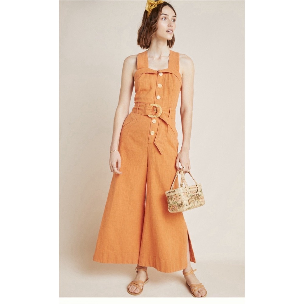 Anthropologie Linen Blend Cape Cod Jumpsuit 4 Orange Belted Wide Leg Boho‎